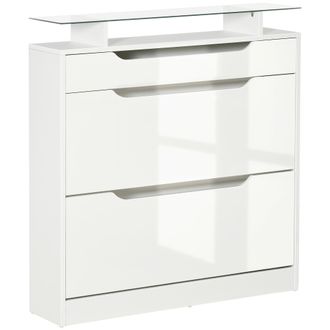 OEM Mueble Zapatero De 2 Puertas Zapatero Estrecho Para 16 Pares De Zapatos Con Caj&oacute;n Estante Abierto Y Encimera De Vidrio Para Pasillo Entrada 89x23x96 C