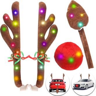 OEM Kit De Decoraci&oacute;n Navide&ntilde;a Para Coche Con Dise&ntilde;o De Reno, Luces Led De 3 Modos, Nariz Y Cola De Madera Con Cascabeles, Clip Y Cable Para Coche Y Cami&oacute;