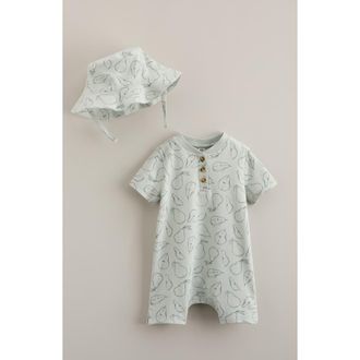 Nordstrom Print Romper & Hat Set in Green Hush Sketchy Pears at Nordstrom, Size 18M