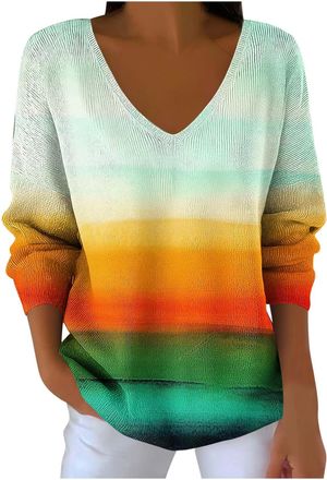 Generic Long Sleeve Jumpers for Women Casual V Neck Tops Warm Pullover Sweater Colourful Rainbow Print Knitwear Thermal Sweatshirt Elegant Soft Warm Tunics Co