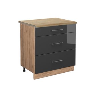 Vicco Mueble Bajo De Cocina Fame-line, Antracita Alto Brillo, 80 Cm Con 3 Cajones, Et Roble