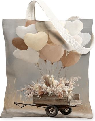 Generic Heart Balloon Canvas Tote Bags, Vintage Floral Design Reusable Shopping Bags, Autumn Rustic Lightweight Washable Shoulder F, Beige, 13x15 Inch