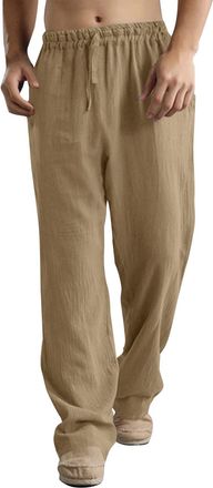 Generic Mens Linen Beach Trousers, Linen Beach Jogging Pants Loose Fit Tracksuit Bottom with Drawstring Solid Color Slim Yoga Trouser Straight Elasticated Wai