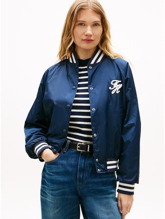 Tommy Hilfiger Womens Water-Repellent Varsity Bomber Jacket - Navy - XXS