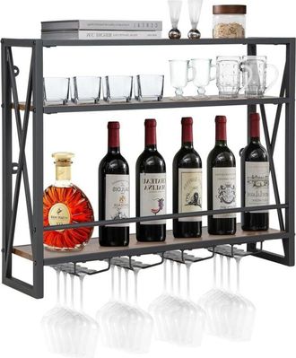 Costway Costway - Estante de Vino Industrial de Pared, Estante de Vino de Pared de 3 Niveles con 4 Portavasos para Copas, Soporte de Botellas de Vino