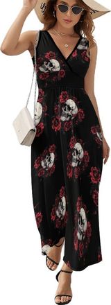 Generic Skull Rose Skeleton Womens Sleeveless Dress Casual V-Neck Maxi Dress Sundress 2XL