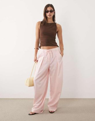 Asos Pantaloni bombati in misto lino rosa con coulisse in vita in coordinato