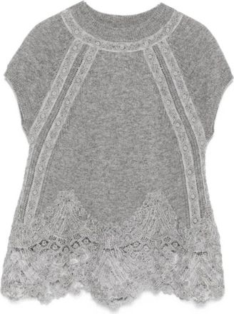 Ermanno Scervino Cashmere Kant Top - Dames - Ronde hals truien - Grijs - M - Kasjmier - Truien & Vesten