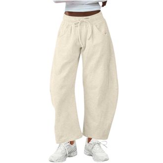 Generic Womens Barrel Leg Sweatpants Drawstring Elastic Waist Wide Leg Lounge Pants Solid Color Baggy Comfy Casual Trousers with Pockets Sport Running Workout