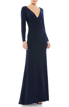Mac Duggal Long Sleeve Ruched Jersey V-Neck Gown in Midnight at Nordstrom, Size 24