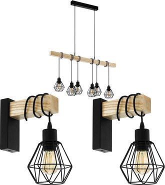 Loops Multi Bulb Ceiling Pendant Light & 2x Matching Wall Lights Black Cage & Wood