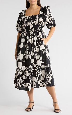 Sugarlips Mableton Floral Print Smocked Dress in Black-Cream at Nordstrom, Size 1 X