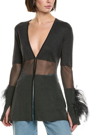 Sally Lapointe Sheer Intarsia Ostrich-Trim Top