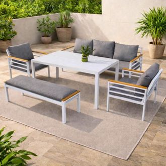 Shatchi Aluminium Garden Furniture Set 6 Seater Black Outdoor Patio Sofa Set - Sofa, Dining Table, Bench, Armchairs in Grey