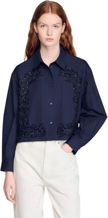Sandro Floral embroidered cotton shirt in Navy Blue at Nordstrom, Size X-Small