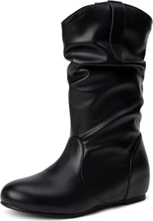 Generic Womens Mid-Calf Slouchy PU Leather Boots Round Toe Wedge Heel Pull Tab Slip On Soft Upper Cushioned Insole Flexible Fit Durable Outsole,Black PU,5.5 U