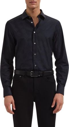 Bugatchi Julian Shaped Fit Black Stretch Cotton Jacquard Button-Up Shirt at Nordstrom, Size Xxx-Large