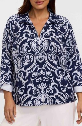 Foxcroft Agnes Florentine Print Three-Quarter Sleeve Cotton Popover Top in Navy Blue/White at Nordstrom, Size 3 X