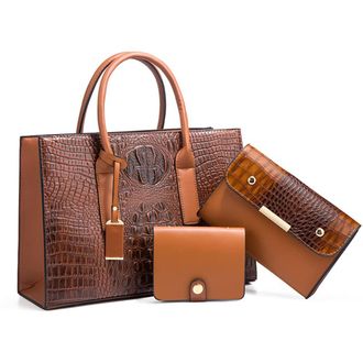 Generic 3pcs Satchel Handbag for Women Top Handle Purse Fashion Crocodile Crossbody Bag Large Ladies Tote Shoulder Bags (Brown)