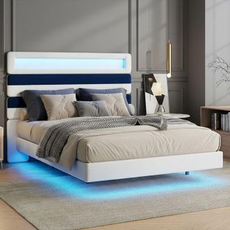 OEM Cama 140x190 - Cama Flotante Tapizada - Somier De Lamas - Cabecero De Terciopelo Led Usb - Madera Y Metal