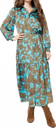 Esqualo Liva Long Expressive Roots Dress In Peacock Blue And Brown