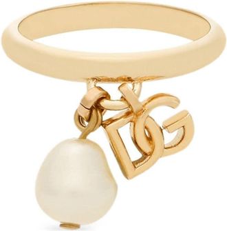 Dolce & Gabbana DG-logo pearl ring - women - Plexiglass/Brass - L - Gold