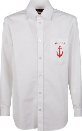 Gucci Katoenen poplin overhemd met borduursel - Heren - Casual Overhemden - Wit - M - Katoen - Overhemden