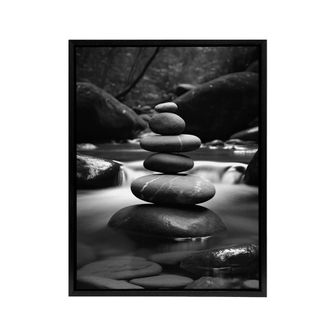 Artery8 Zen Stones Stack In River Black White Photo Framed Canvas Wall Art Print | Size: W24 x H32