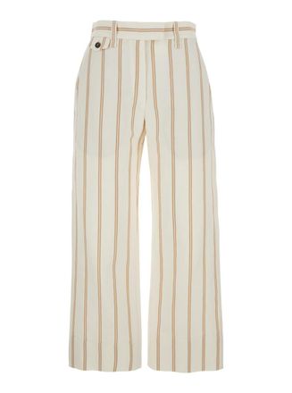 Brunello Cucinelli Multicolor Crop Pants With All-Over Striped Motif And Monile Detail In Linen And Cotton Blend Woman