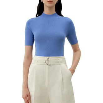 LilySilk Womens Seamless Silk-Cotton Slim-Fit Knit Top in Malibu Blue at Nordstrom, Size X-Small