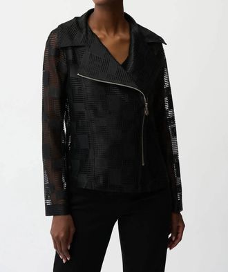 Joseph Ribkoff Geometric Mesh Moto Jacket In Black