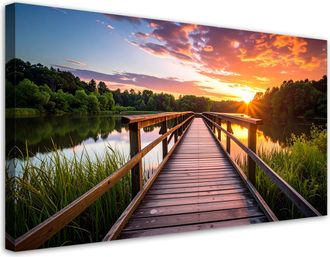 Feeby Cuadro En Lienzo, Vista Embarcadero Lago Puesta De Sol, 120x60