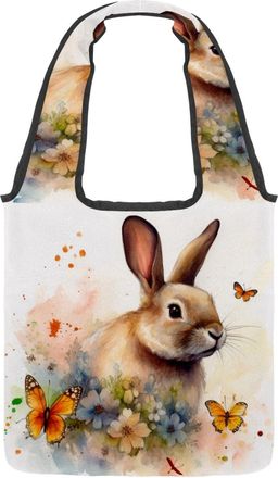 Generic Watercolor Floral Rabbit Reversible Canvas Shoulder Tote - Double-Sided Print, 12oz Cotton, 27cm Drop, Fold-Flat Bag for Travel, Shopping, Street Outi