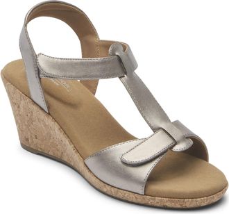 Rockport Blanca Sandals Womens Taupe Metallic T-Strap Wedge Heel LION427