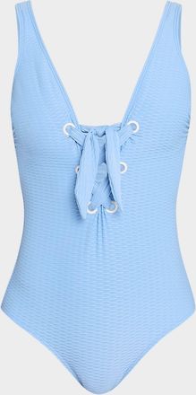 Shoshanna Lace-Up Textured One-Piece Swimsuit