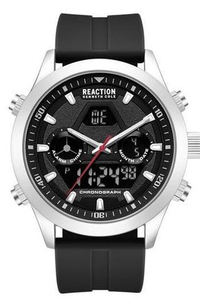 Kenneth Cole Reaction Analog Digital Silicone Strap Chronograph Watch, 47mm in Black at Nordstrom Rack