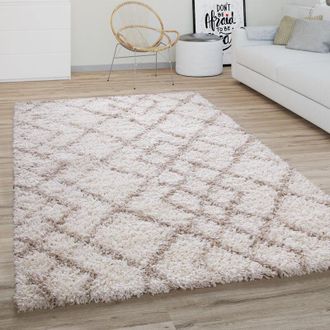Paco Home Paco Home Alfombra Sal&oacute;n Pelo Largo Shaggy Motivo Moderno Boho Escandinavo Rombos &Oslash; 200 Cm Redon, Crema Beige 2