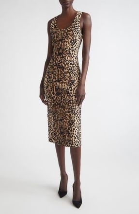 St. John Leopard Jacquard Knit Dress in Camel Leopard Multi at Nordstrom, Size X-Large