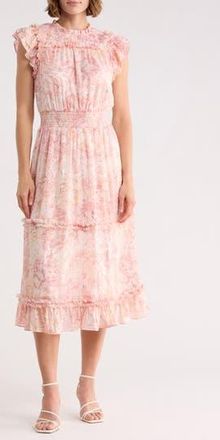 CeCe by Cynthia Steffe Floral Ruffle Sleeve Tiered Midi Dress in Silver Blush at Nordstrom Rack, Size X-Large