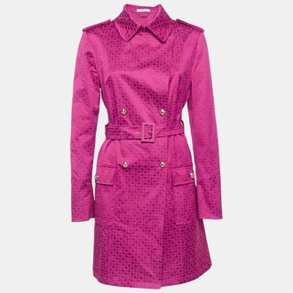 Versace Pink Greca Jacquard Belted Double Breasted Coat