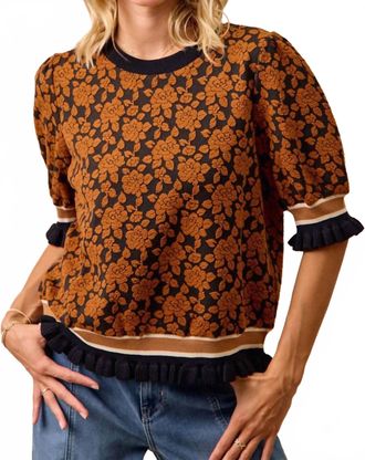 Bibi Textured Rose Knit Blouse In Brown Floral Jacquard