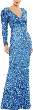 Mac Duggal Sequin V-Neck Puff Long Sleeve A-Line Gown