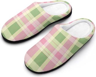 Generic Green Pink Plaid Womens Slippers Warm House Slippers Indoor House Shoes with Anti-Skid Rubber Sole