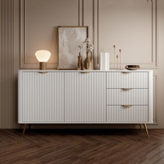 Dmora Credenza Halilala, Aparador 3 Cajones, 2 Estantes, Puerta Abatible, Deslizante, 163x38x81h Cm Blanco
