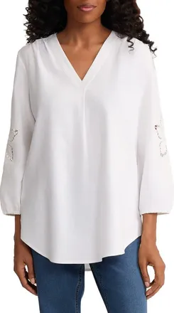 Jones New York Embroidered Pleat Front Tunic in Natural White at Nordstrom, Size X-Small
