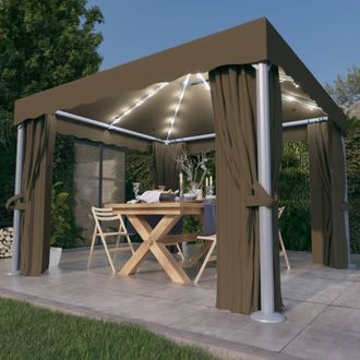 Berkfield Home Gazebo with Curtain&LED String Lights 3x3 m Taupe in Beige