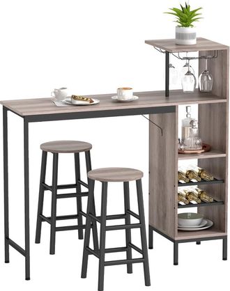 STILVORA Conjunto De Mesa Y Sillas De Bar Con 1 Mesa De Bar Y 2 Taburetes, Almacenaje Y Soportes Para Copas, Madera Y Acero, Gris