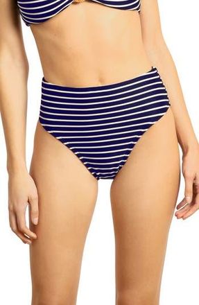 Robin Piccone Parker Stripe High Waist Rib Bikini Bottoms in Navy/White at Nordstrom Rack, Size X-Small