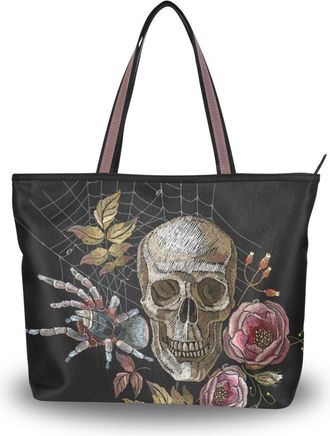 Alaza Large Tote Bag, Women Shoulder Bag Big Capacity Casual Handbags, Skull Roses and Spider Shopping Tote Bag with Pockets Zip,L