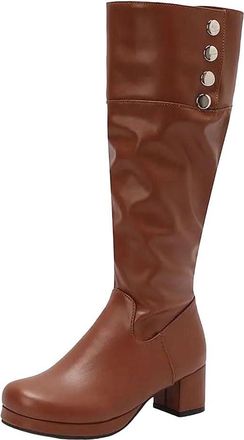 Generic Womens Knee High Boots Square Toe Block Heel Platform Metal Decor Daily Fashion Booties For Winter